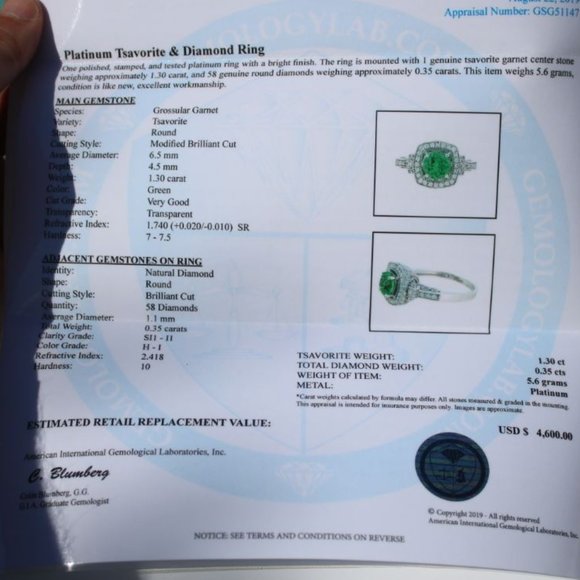 Certified Tsavorite 1.30ct Diamonds Platinum Ring - Picture 8 of 10